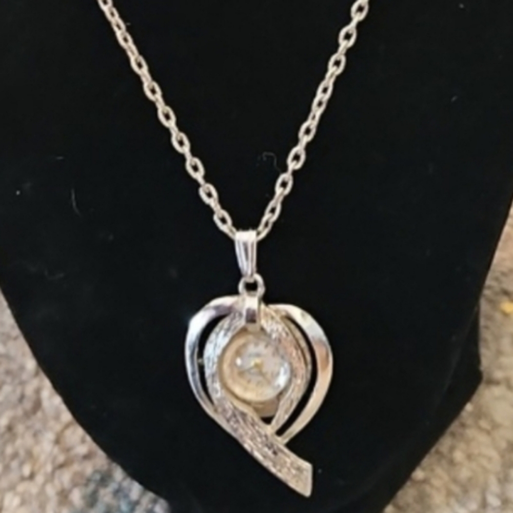 Vintage Signed Genova Manual Wind Brushed Silver-toned Watch Pendant Necklace